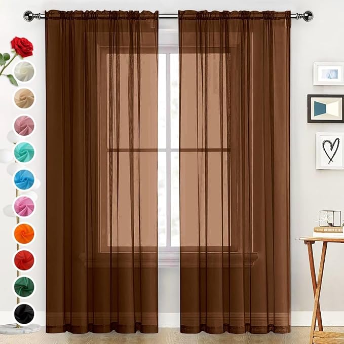 SpaceDresser Sheer Voile Window Treatment Rod Pocket Curtain Panels for Kitchen Bedroom Living Room Drapes Sunlight Filtering Privacy Semi Home Decor Assorted (Brown, 52 W x 63 L)