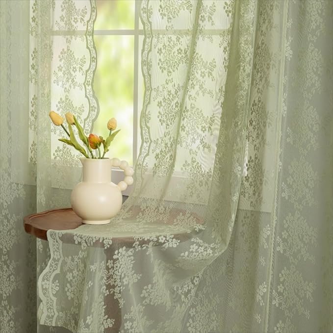 YJ YANJUN Vintage Lace Curtains 54 Inch Length-Victorian Floral Pattern Sage Green Sheer Curtains for Bedroom Laundry Room Light Filtering Boho Kitchen Small Window Treatments W52 X L54 Sage 2 Panels