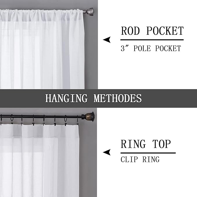 Tollpiz Sheer Curtain Linen Textured Living Room Curtains Sheer Light Filtering Rod Pocket Voile Curtain for Bedroom, 54 x 72 inches Long, White, Set of 2 Panels