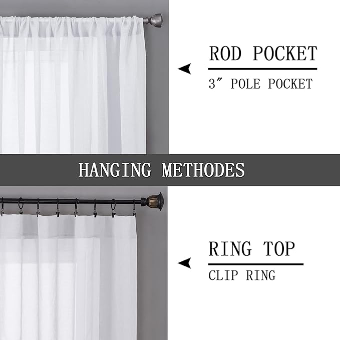 Tollpiz Sheer Curtains Living Room Linen Textured Curtain Sheers Light Filtering Voile Rod Pocket Curtains for Bedroom, 38 x 63 inches Long, White, Set of 2 Panels