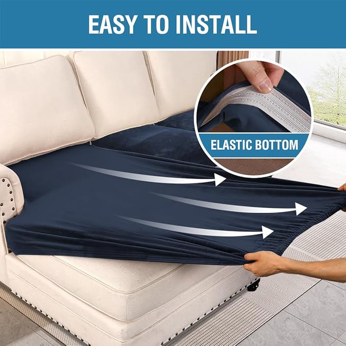 H.VERSAILTEX Velvet Stretch Sectional Couch Covers 3 Pieces Sofa Seat Cushion Covers L Shape Separate Cushion Couch Chaise Cover for Both Left/Right Couch (Large Sofa 2 Seater + 1 Chaise, Navy)