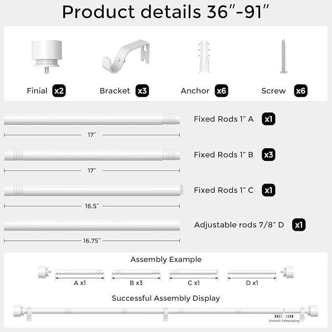 Modern White Curtain Rods for Windows 48 to 84 Inch, 1" Diameter Adjustable Heavy Duty Window Curtain Pole with Matte White End Cap Finials, Decorative Drapery Rods for Living Room, Bedroom