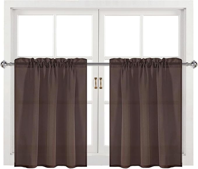 DWCN Brown Sheer Curtains for Kitchen Windows - Rod Pocket Semi Transparent Voile Tier Curtains for Bedroom, Living Room, Farmhouse, 36 x 36 inches Long, Set of 2 Panels