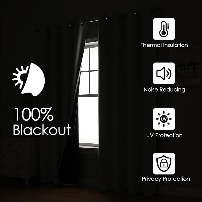 ChrisDowa 100% Blackout Curtains for Bedroom with Black Liner, 2 Thick Layers Total Blackout Thermal Insulated Grommet Window Curtains 2 Panels Set (Forest Green, 52 x 72 Inch)