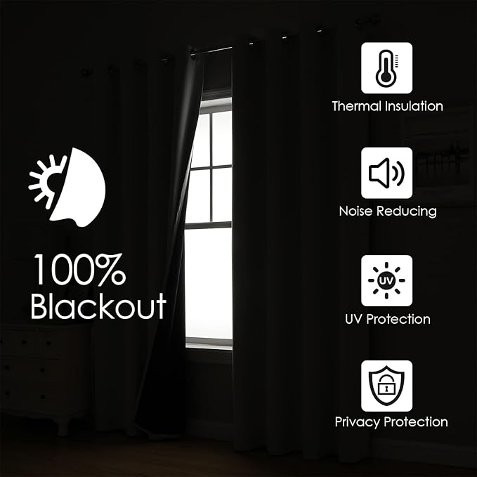 ChrisDowa 100% Blackout Curtains for Bedroom with Black Liner, 2 Thick Layers Total Blackout Thermal Insulated Grommet Window Curtains 2 Panels Set (Royal Purple, 52 x 45 Inch)