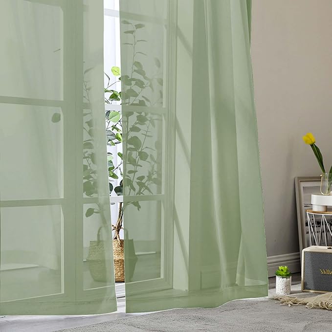 Extra Long Sheer Sage Green Curtains for Bedroom Living Room 108 Inches Long 2 Panels Set, Solid Soft Light Filtering Rod Pocket Sheer Window Curtains, Sage Green, Each 42" Wx108 L Inch