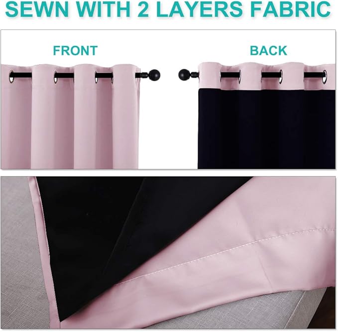 NICETOWN 100% Blackout Curtains 45 inches Long, 1 Pair, Baby Pink, 42 inches Width Each Panel, 2 Thick Layers Completely Blackout Window Treatment Thermal Insulated Lined Drapes for Small Window