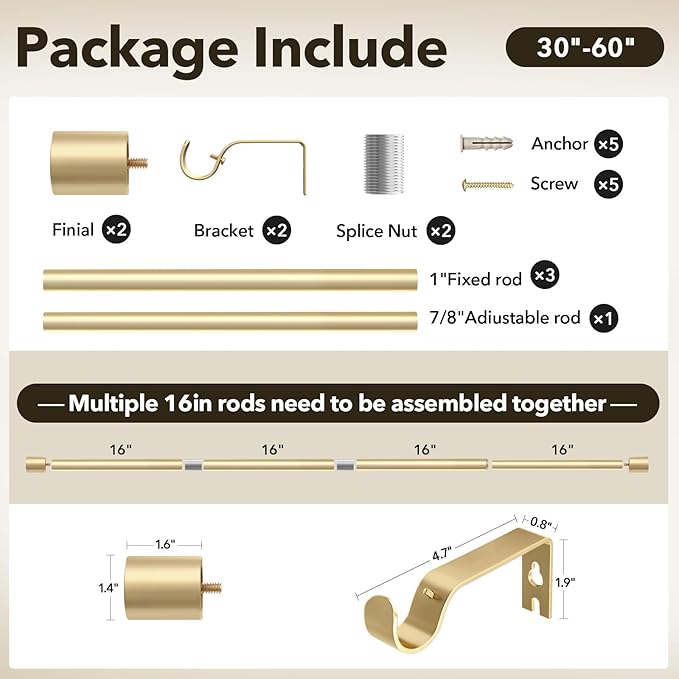 IFELS Heavy Duty Curtain Rods for Windows 28 to 48 Inch, 1 Inch Gold Curtain Rods for Outdoor, Farmhouse, Bedroom, Kitchen, Living Room, Adjustable Easy Install Curtains Rod (A2,Gold,30"-60")