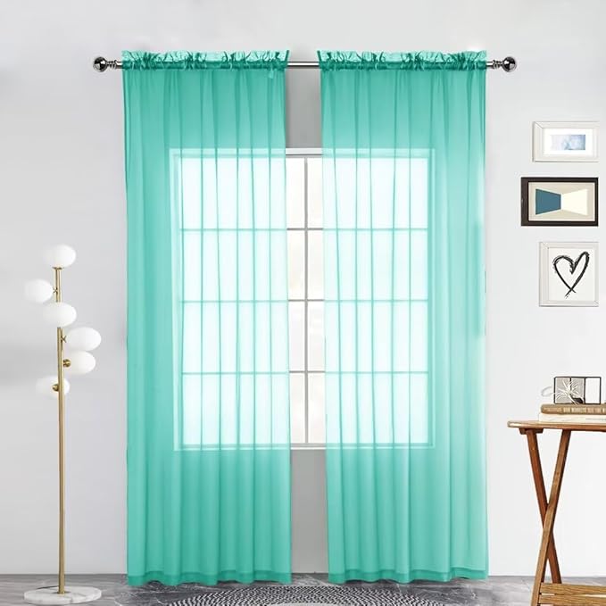 SpaceDresser Sheer Voile Window Treatment. Rod Pocket Curtain Panels for Kitchen Bedroom Living Room Drapes Sunlight Filtering Privacy Semi Home Decor Assorted Colors Sizes (Turquoise, 52 W x 63 L)