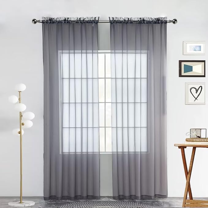 SpaceDresser Basic Rod Pocket Sheer Voile Window Curtain Panels White 1 Pair 2 Panels 70 Width 108 Inch Long for Kitchen Bedroom Children Living Room Yard(Grey,70 W x 108 L)