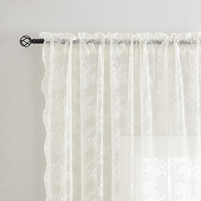 YJ YANJUN Vintage Lace Curtains - Fancy Flower Pattern Ivory 102 Inch Long Curtain Panels for for Patio Sliding Door Bedroom Counrty Cream Light Filtering Drapes 2 Panels Set,52x102 Inch Off White