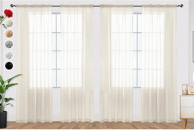 SpaceDresser Ivory Sheer Curtains 4 Panels Rod Pocket Semi-Sheer Curtain 108 Inches Long Light Filtering Voile Window Drapes for Bedroom Living Room Kitchen, Each 52W x 108L