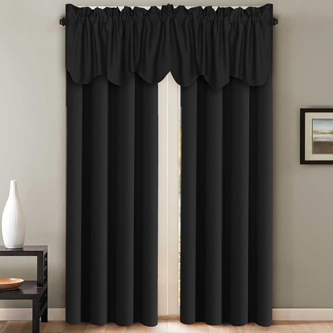 H.VERSAILTEX 2 Panels Blackout Curtain Valances for Kitchen Windows/Living Room/Bathroom Privacy Protection Rod Pocket Decoration Scalloped Window Valance Curtains, 52" W x 18" L, Black