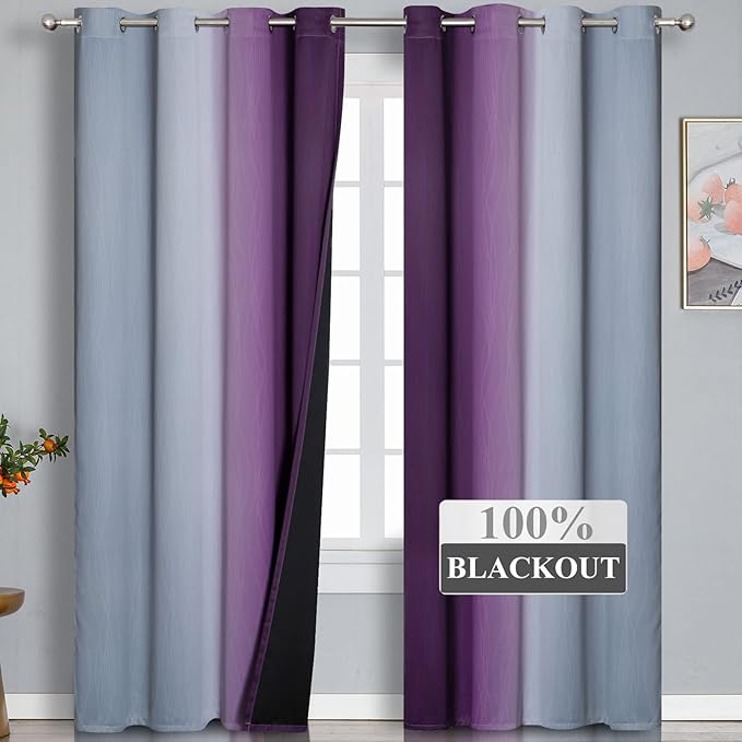 Estelar Textiler Grey and Purple Blackout Curtains for Bedroom, Thermal Insulated Drapes 108 Inches Long, Full Light Blocking Energy Saving Long Curtains for Living Room, 52Wx108L, 2 Panels