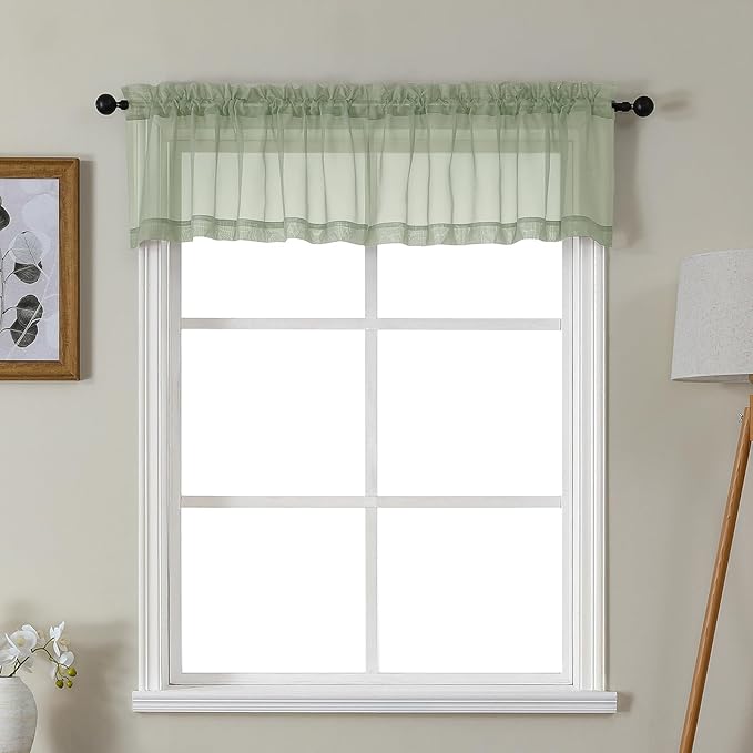 Gwine Sage Green Valances for Windows, Small Light Filtering Rod Pocket Cafe Valance Curtains, Soft Sheer Curtain for Bathroom Laundry Basement, 42Wx14L inch, 2 Pieces