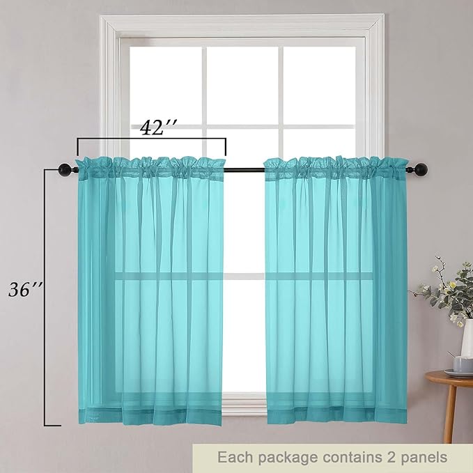 Cafe Curtains 36 Inch Length Tier 2 Pieces, Modern Soft Airy Sheer Kitchen Short Curtains for Small Window, Rod Pocket Small Curtain for Bathroom Basement, Turquoise, Each, 42" Wx36 L Inches
