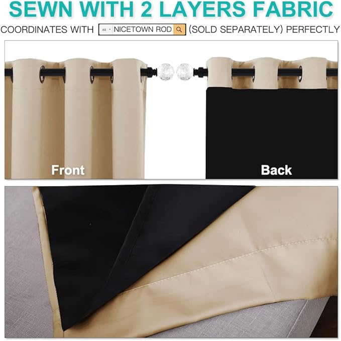 NICETOWN Living Room Completely Shaded Draperies, Privacy Protection & Noise Reducing Ring Top Drapes, Black Lined Insulated Window Treatment Curtain Panels(Biscotti Beige, 2 Pieces, W62 x L84)