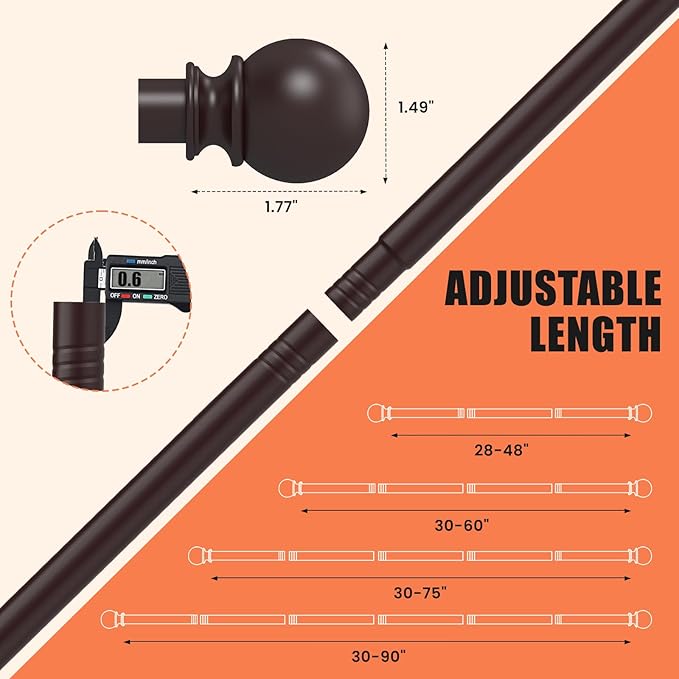 Curtain Rods for Windows 30 to 75 Inch, 2 Pack 5/8 Inch Heavy Duty Decorative Curtain Rod with Ball End Caps, Adjustable Brackets. Easy to install. Brown.