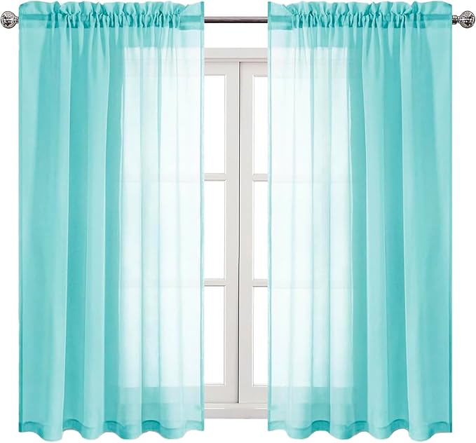 DWCN Aqua Sheer Curtains Semi Transparent Voile Rod Pocket Curtains for Bedroom and Living Room, 52 x 45 inches Long, Set of 2 Panels