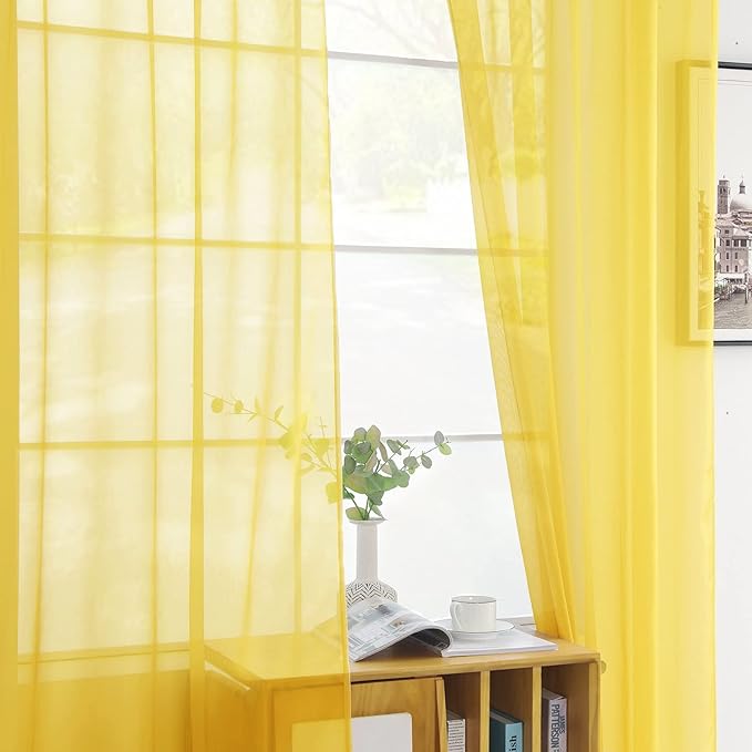 youleyar Solid Sheer Rod Pocket Curtain Voile Draperies 2 Panels White Beige Black Grey Coffee 52 Inch Width 72 Inch Long 1 Pair for Kitchen Bedroom Children Living Room Yard (Yellow,52Wｘ72L)