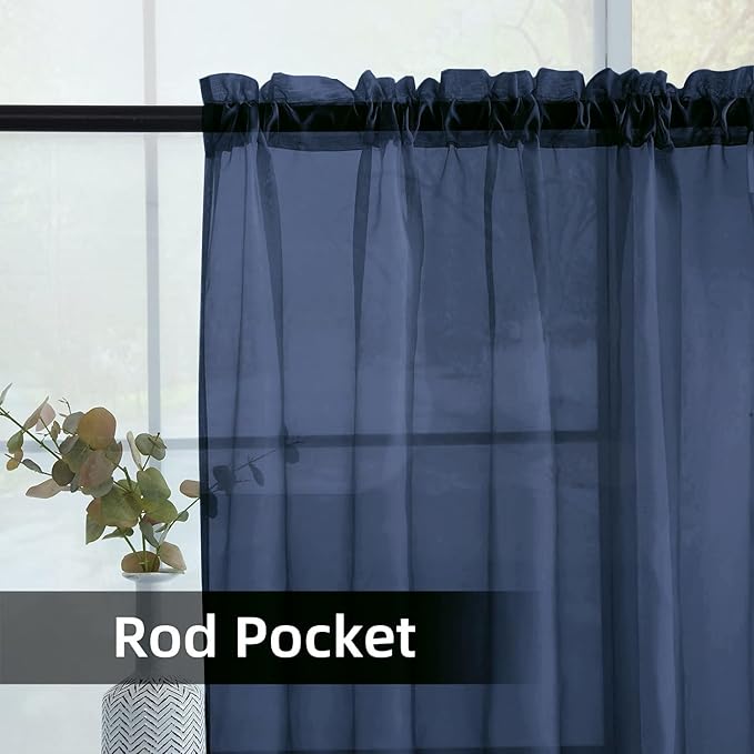 youleyar Solid Sheer Rod Pocket Curtain Voile Draperies 2 Panels White Beige Black Grey Coffee 52 Inch Width 72 Inch Long 1 Pair for Kitchen Bedroom Children Living Room Yard (Navy,52Wｘ72L)