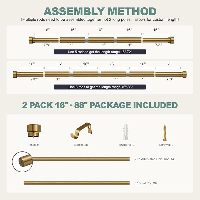 Lootkell 2 Pack Warm Gold Curtain Rods for Windows 48 to 84 Adjustable Length Heavy Duty 1" Diameter Brass Window Curtain Rod with Solid Metal Finials for Outdoor Farmhouse Bedroom Kitchen Living Room