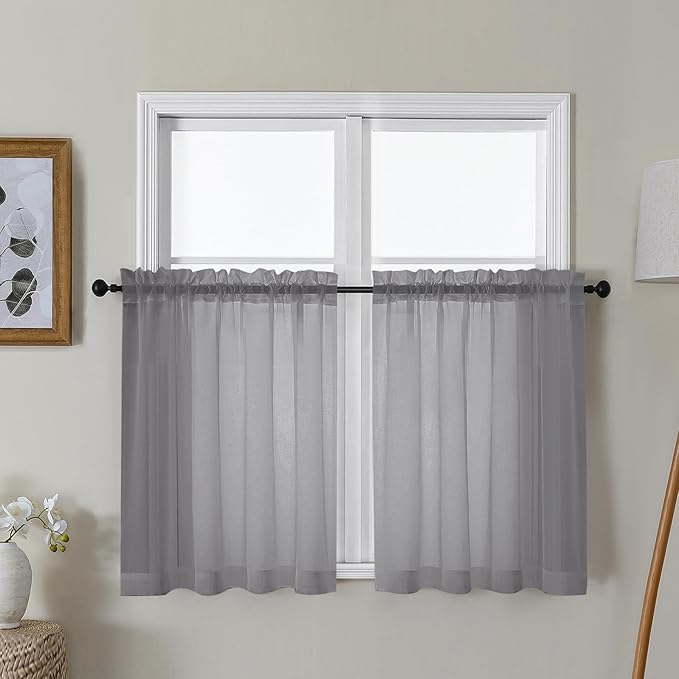 Gwine Charcoal Grey Sheer Curtains 30 Inch Length, Short Light Filtering Voile Small Cafe Kitchen Curtains with Rod Pocket, Short Curtain for Bathroom Window, 42x30 Inch, 2PCS