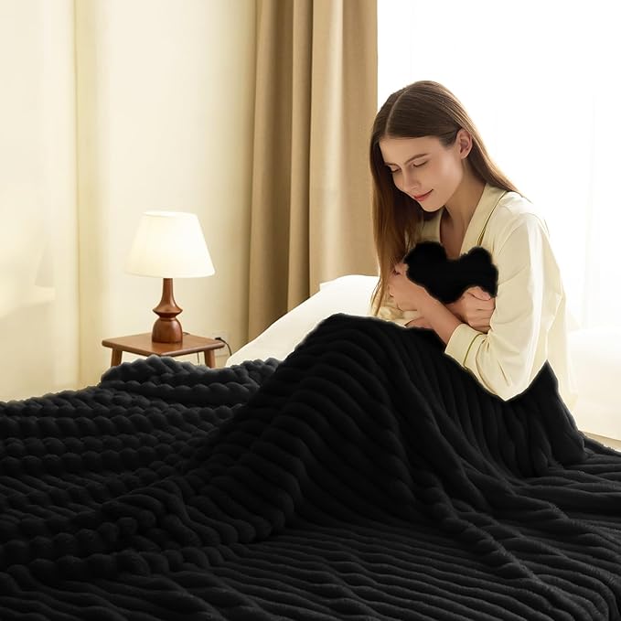 HIMEET Black Ribbed Queen Size Blanket for Bed - 300GSM Lightweight Fleece Blanket for Men Women, Large Cozy Sofa Couch Cover Bed Blankets Gifts, Striped Spring Home Room Decor, Black, 90x90 Inches