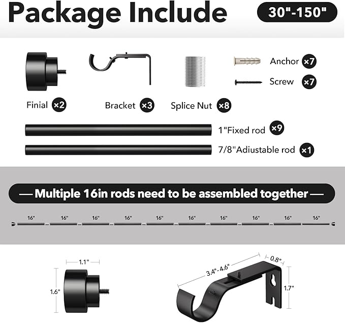 IFELS Heavy Duty Curtain Rods for Windows 72 to 144 Inch, 1 Inch Adjustable Black Curtain Rod Set with Easy Installation and Modern Design (A1,Black,30-150")