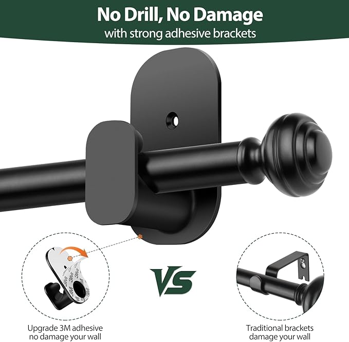 KAMANINA No Drill Curtain Rods for Windows 32 to 58 Inches, 5/8 Inch Renter Friendly Curain Rod Adjustable Drapery Rod with 3M Adhesive Brackets without Drilling, Black