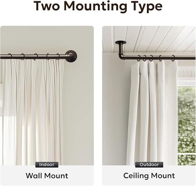 Zeerobee Curtain Rods for Windows 120 to 240, 1 Inch Industrial Wrap Around Antique Bronze Curtain Rod, Indoor/Outdoor Room Divider Adjustable Drapery Pole, 120"-240"