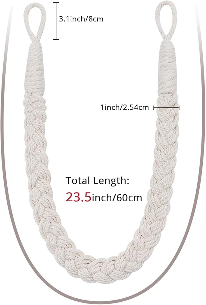 NICEEC 2 Pack Natural Cotton Rope Curtain Tiebacks Elegant Boho Style Decorative Drape Tie Backs Soft Hand-Woven Rope Curtain Holdbacks with Metal Hook for Home & Office Drapery (Beige)