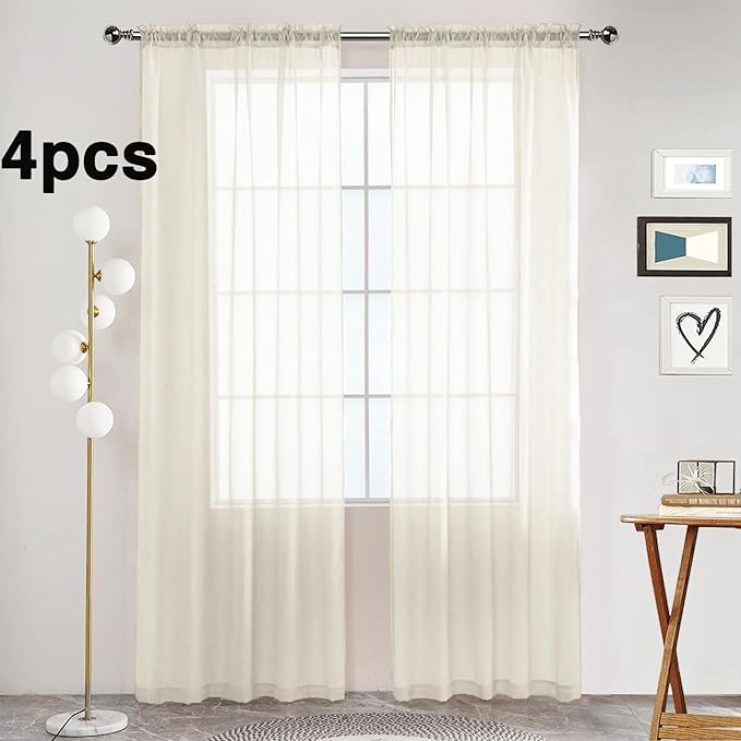SpaceDresser Ivory Sheer Curtains 4 Panels Rod Pocket Semi-Sheer Curtain 45 Inches Long Light Filtering Voile Window Drapes for Bedroom Living Room Kitchen, Each 52W x 45L