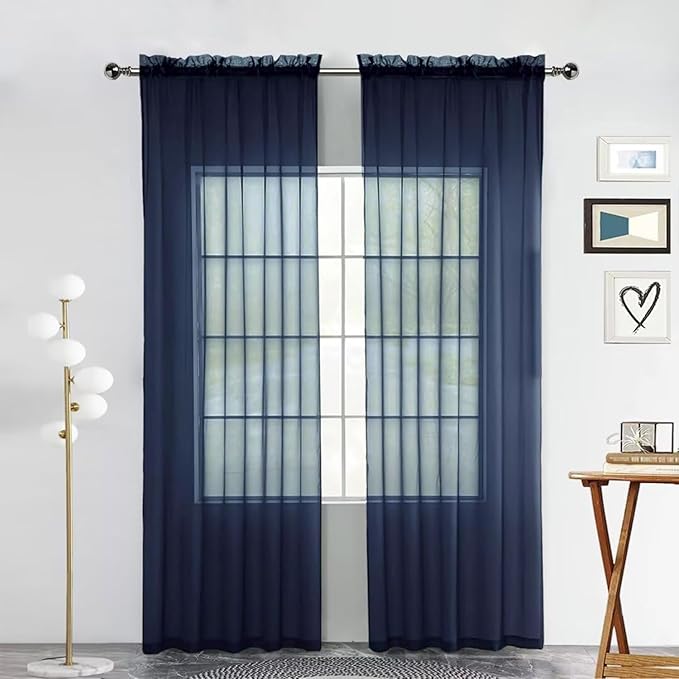 SpaceDresser Sheer Voile Window Treatment Rod Pocket Curtain Panels for Kitchen Bedroom Living Room Drapes Sunlight Filtering Privacy Semi Home Decor Assorted Colors Sizes (Navy, 52 W x 72 L)