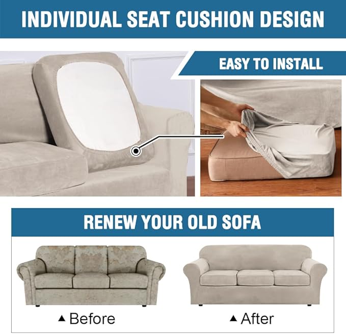 H.VERSAILTEX Modern Velvet Plush 4 Piece High Stretch Sofa Slipcover Sofa Cover Furniture Protector Form Fit Thick Velvet Sofa Cover for 3 Cushion Couch Width Up to 90 Inch (Sofa, French Oak)
