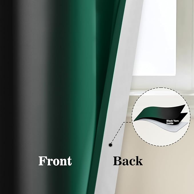 Yakamok Blackout Ombre Dark Green and Black Curtains-Gradient Room Darkening Curtain, Grommet Thermal Insulated Light Blocking Window Drapes Curtain for Living Room Bedroom,52 x 84 Inch,2 Panels
