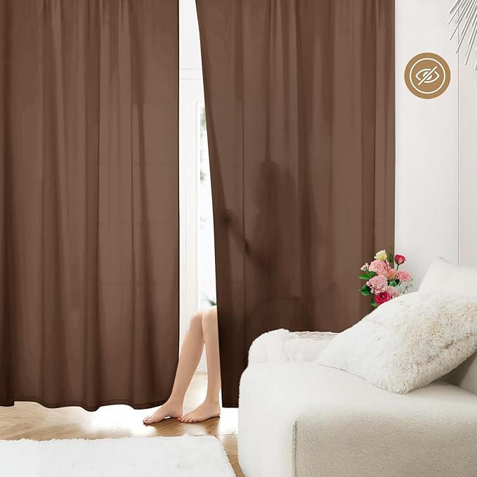 HOMEIDEAS Non-See-Through Brown Privacy Sheer Curtains, 52 X 72 Inches Long 2 Panels Sheer Curtains Light Filtering Window Drapes for Bedroom Living Room