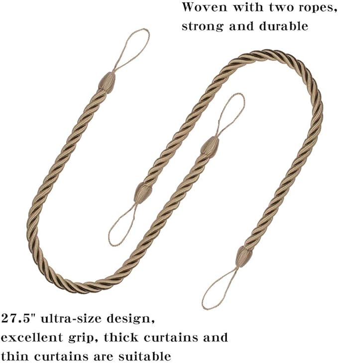 BEL AVENIR Curtain Rope Tiebacks, Drapery Rope Holdbacks with 4 Metal Screw Hooks, 4 Pack - Flaxen