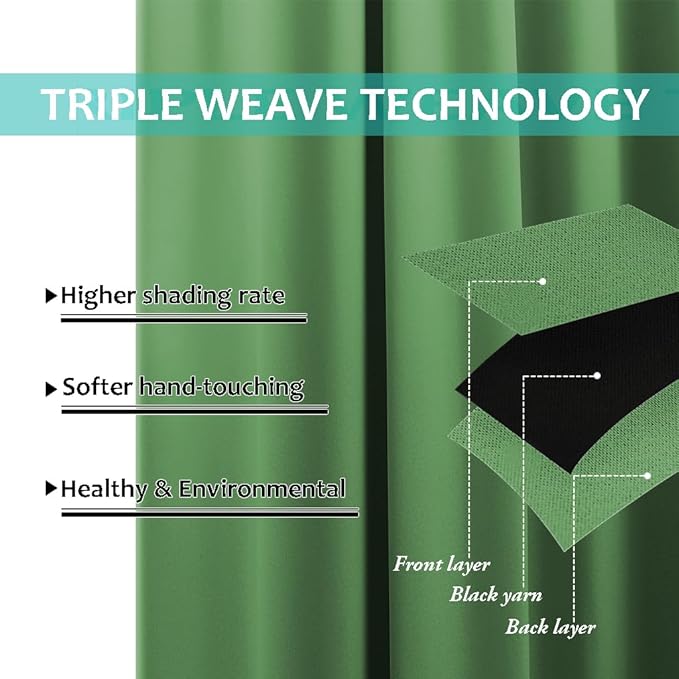 NICETOWN 100% Blackout Blinds, Set of 2, 46" x 102", Forest Green, Laundry Room Decor Window Treatment Curtains for Large Patio Sliding Door, Thermal Insulated Curtains for Bedroom