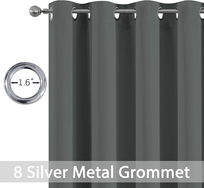 Yakamok Dark Grey Blackout Curtains, Grommet Thermal Insulated Room Darkening Blackout Drapes for Bedroom/Living Room, 2 Panels, 52W x 63L Inch