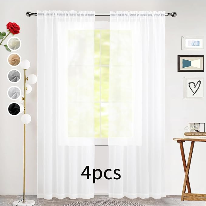 SpaceDresser Sheer White Curtains 4 Panels Rod Pocket Semi-Sheer Curtain 108 Inches Long Light Filtering Voile Window Drapes for Bedroom Living Room Kitchen, Each 52W x 108L