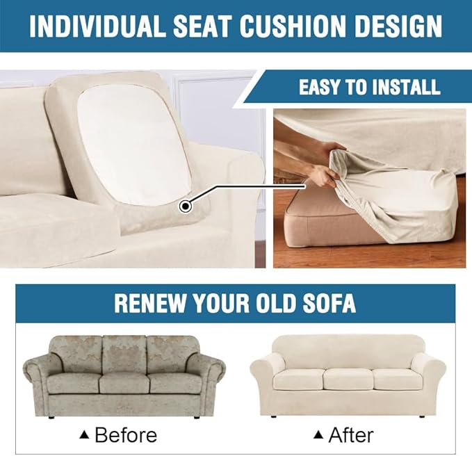 H.VERSAILTEX Modern Velvet Plush 4 Piece High Stretch Sofa Slipcover Furniture Protector Form Fit Velvet Extra Large Sofa Cover for 3 Cushion Couch Width Up to 105 Inch (XL Sofa, Cream)