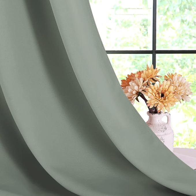 NICETOWN Window Curtain Panels, Greyish Green, 1 Pair, 34 by 80-inch, Thermal Insulated Solid Grommet Blackout Draperies/Drapes for Basement