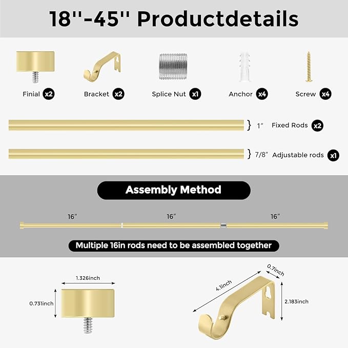 VOIIY Gold Curtain Rods for Windows 18 to 42 Inch(1.5-3.5 Feet),1" Diameter Drapery Rods with Modern Style End Cap Finials,Size:18-42 Inch, Brass