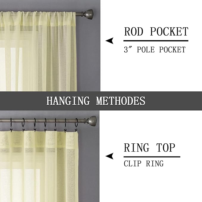 Tollpiz Short Sheer Curtains Linen Textured Bedroom Curtain Sheers Light Filtering Rod Pocket Voile Curtains for Living Room, 54 x 45 inches Long, Transparent Yellow, Set of 2 Panels