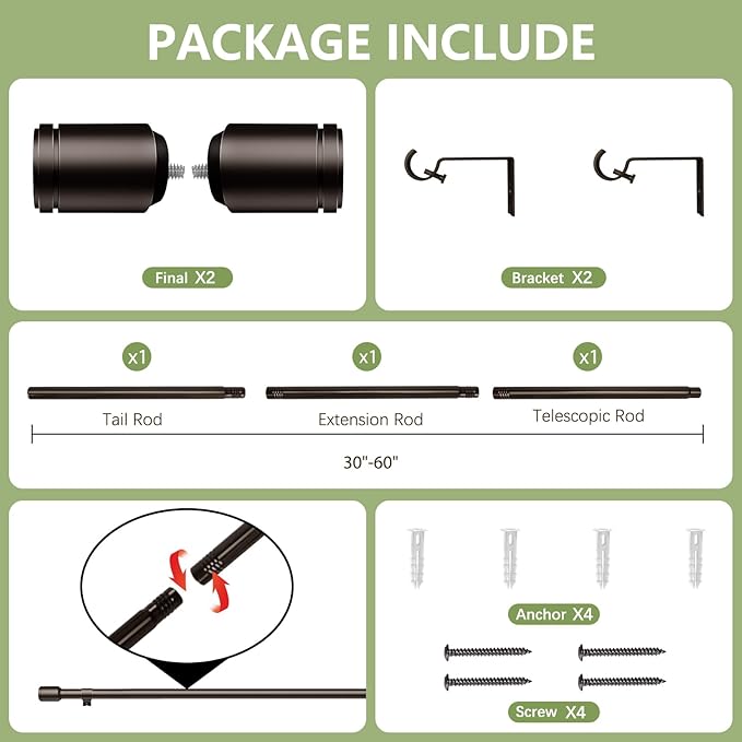 5/8” Diameter Curtain Rods 30-60 Inch, for 30-54 Inch Windows, Adjustable Splicing Bronze Curtain Rods for Windows with Brackets, Window Rod Long Small Curtains Rod