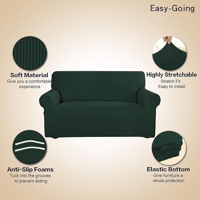 Easy-Going Stretch 4 Seater Sofa Slipcover 1-Piece Sofa Cover Furniture Protector Couch Soft with Elastic Bottom for Kids, Polyester Spandex Jacquard Fabric Small Checks Dark Green