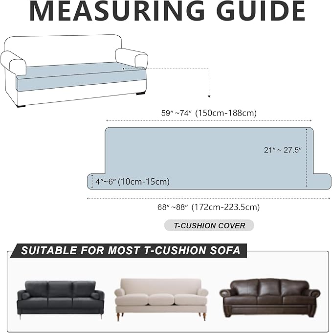 Leather Look Couch Cushion Covers Sofa Seat Slipcovers Sets Couches Furniture Protector for Sectional Armchair Loveseat Pets Kids Stretch Spandex Fabric (1 T-Cushion Sofa, Black)