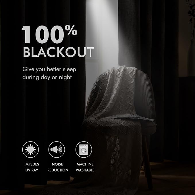 MIULEE Linen Texture Curtains for Bedroom Solid 100% Blackout Thermal Insulated Halloween Black Curtains Grommet Room Darkening Drapes for Living Room Nursery 52x96 Inch (2 Panels)