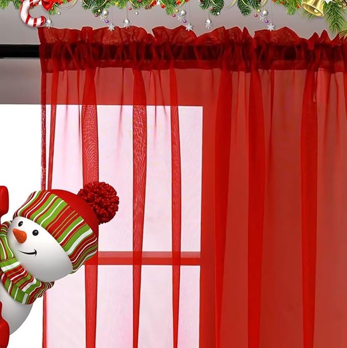 SpaceDresser Sheer Voile Window Treatment Rod Pocket Curtain Panels for Kitchen Bedroom Living Room Drapes Sunlight Filtering Privacy Semi Home Decor Assorted (Red, 52 W x 72 L)